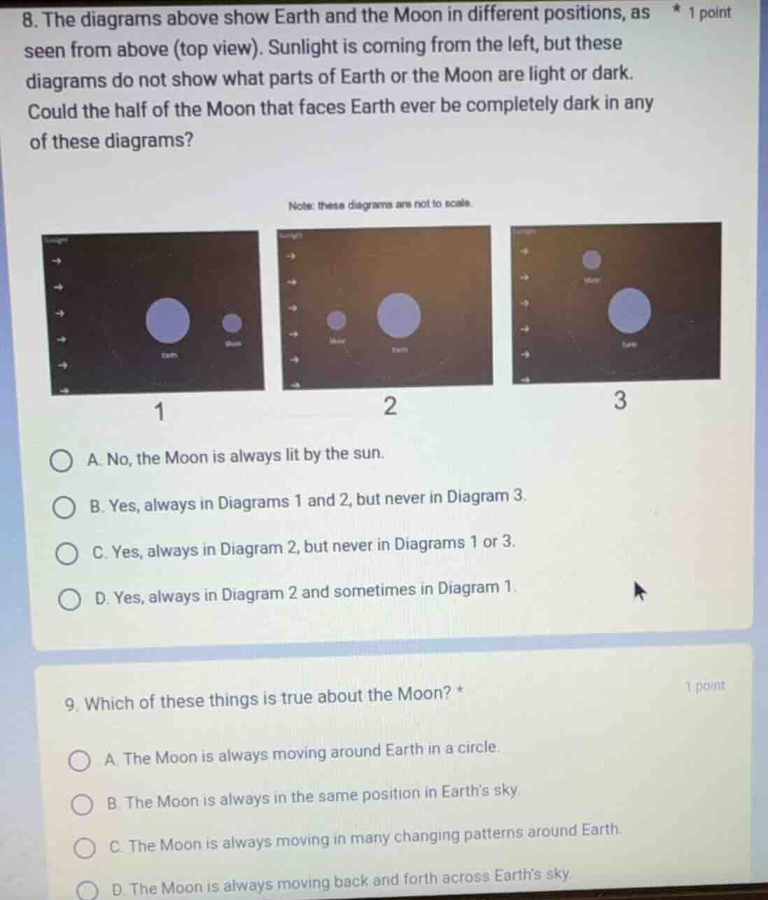 8. the diagrams above show earth and the moon in different positions, a…
