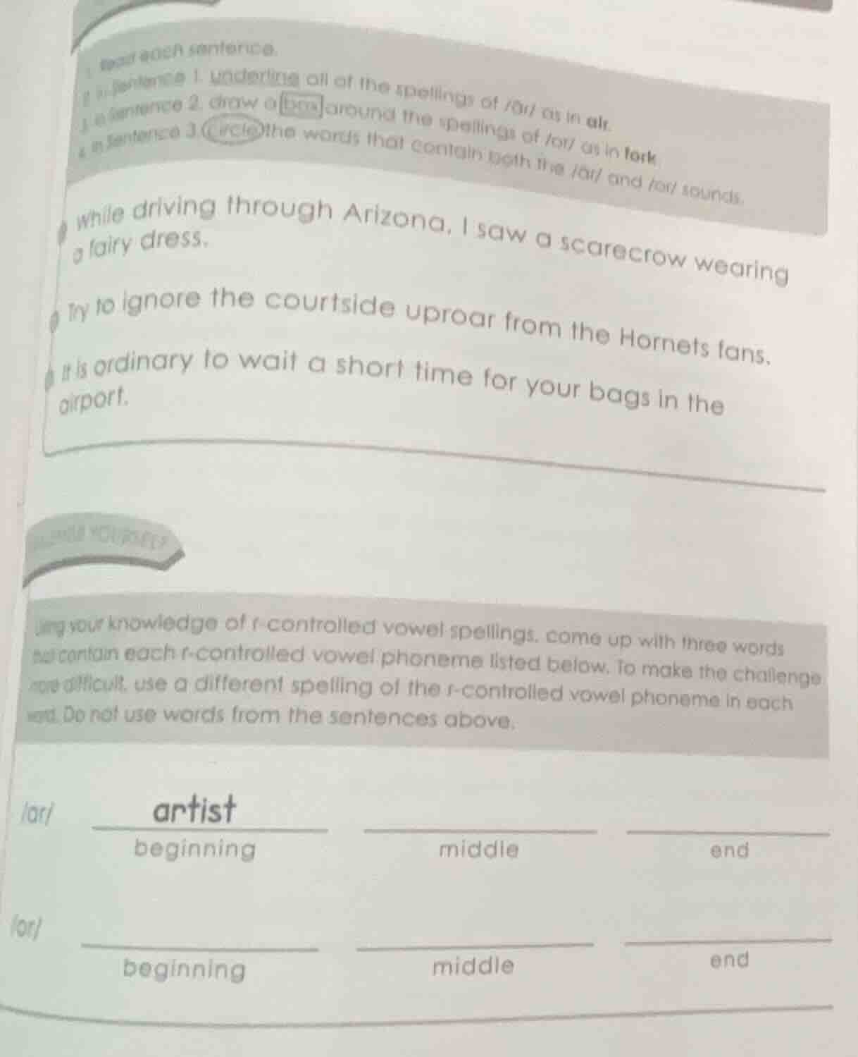 1. read each sentence.2. in sentence 1, underline all of the spellings …
