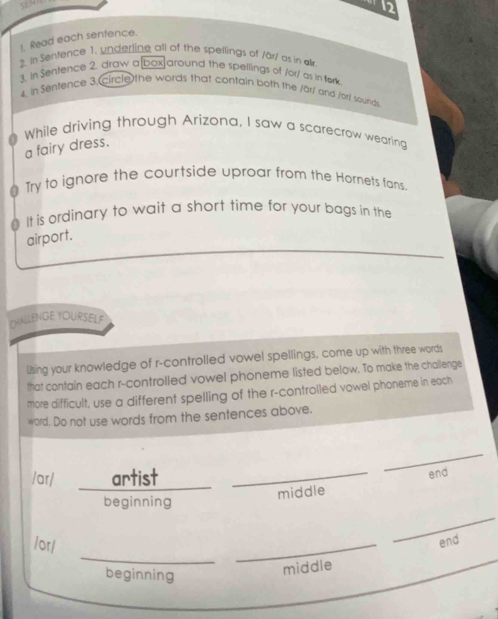 12 1. read each sentence. 2. in sentence 1, underline all of the spelli…