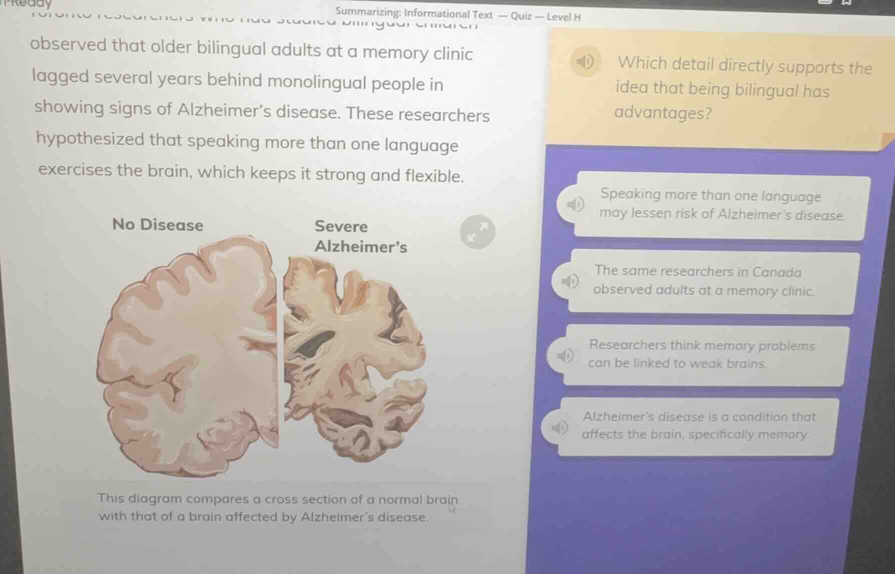 summarizing: informational text — quiz — level h observed that older bi…