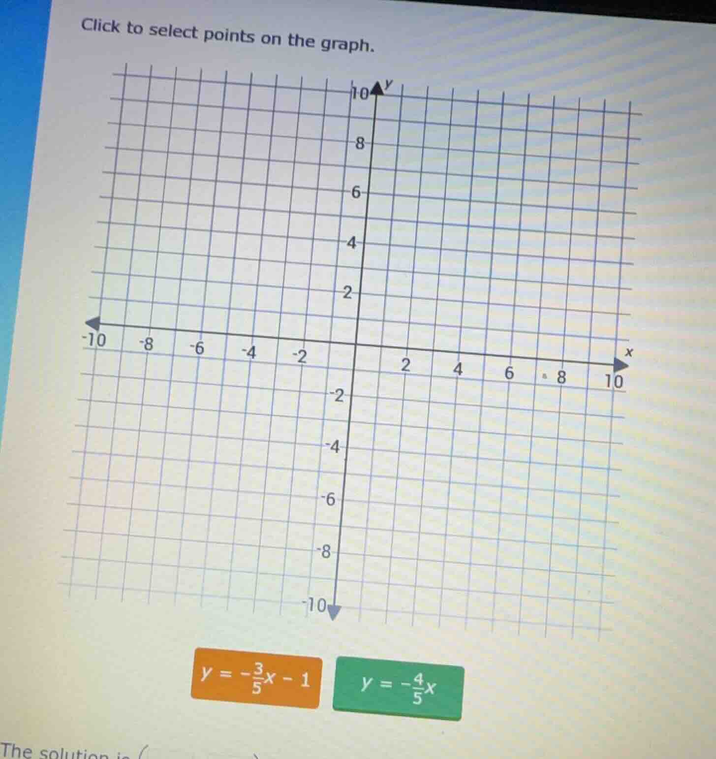 click to select points on the graph. $y = -\\frac{3}{5}x - 1$ $y = -\\f…