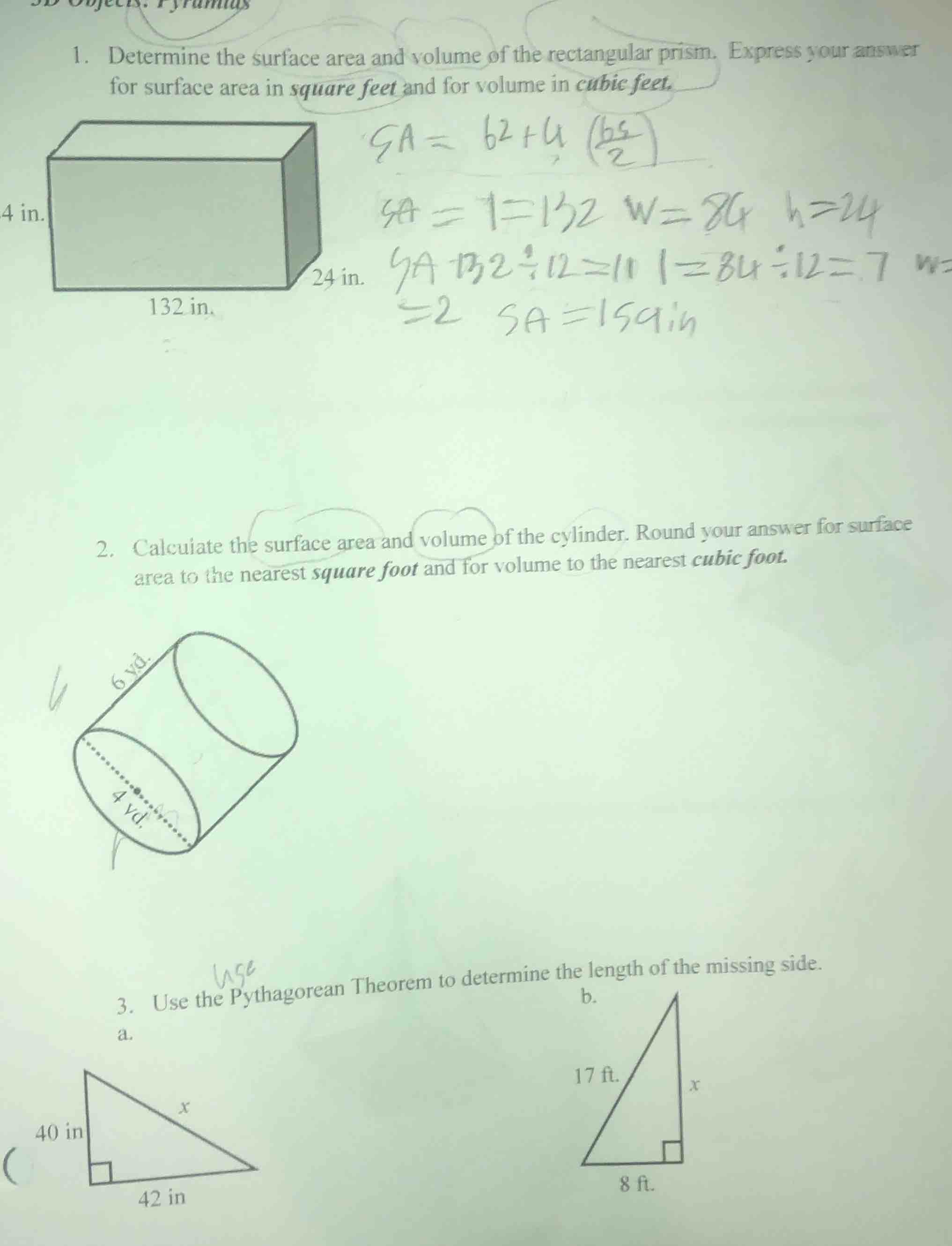 1. determine the surface area and volume of the rectangular prism. expr…