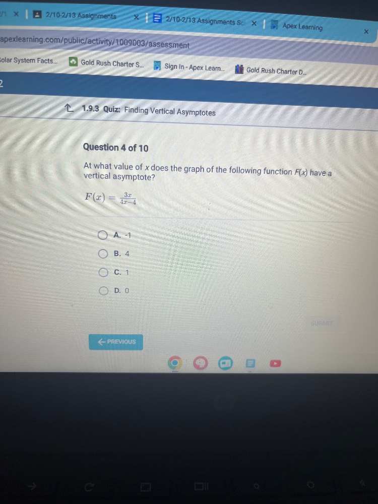 1.9.3 quiz: finding vertical asymptotes question 4 of 10 at what value …