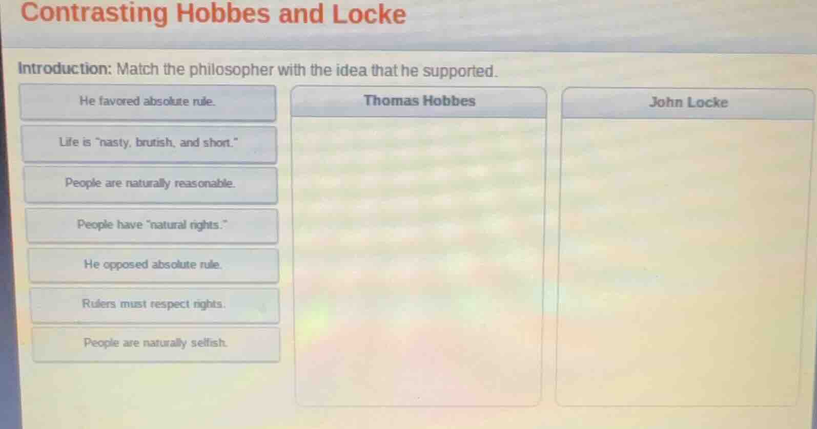 contrasting hobbes and locke introduction: match the philosopher with t…