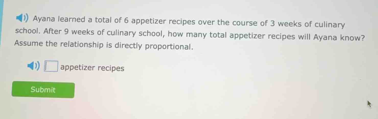 ayana learned a total of 6 appetizer recipes over the course of 3 weeks…