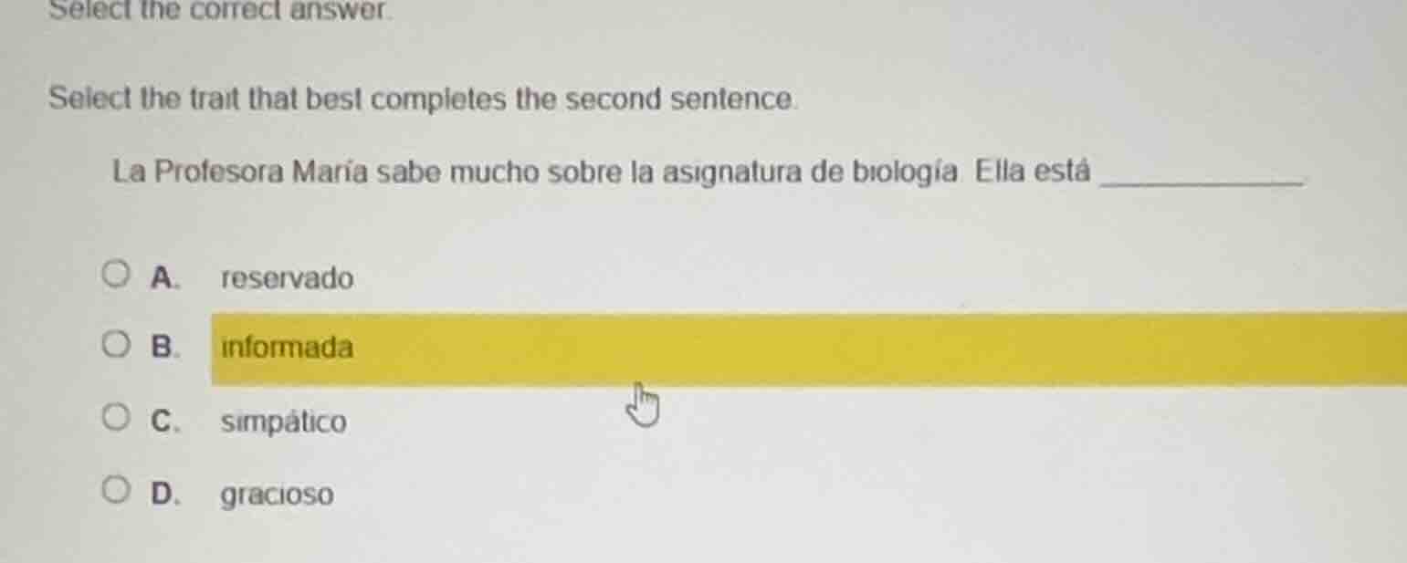 select the correct answer. select the trait that best completes the sec…