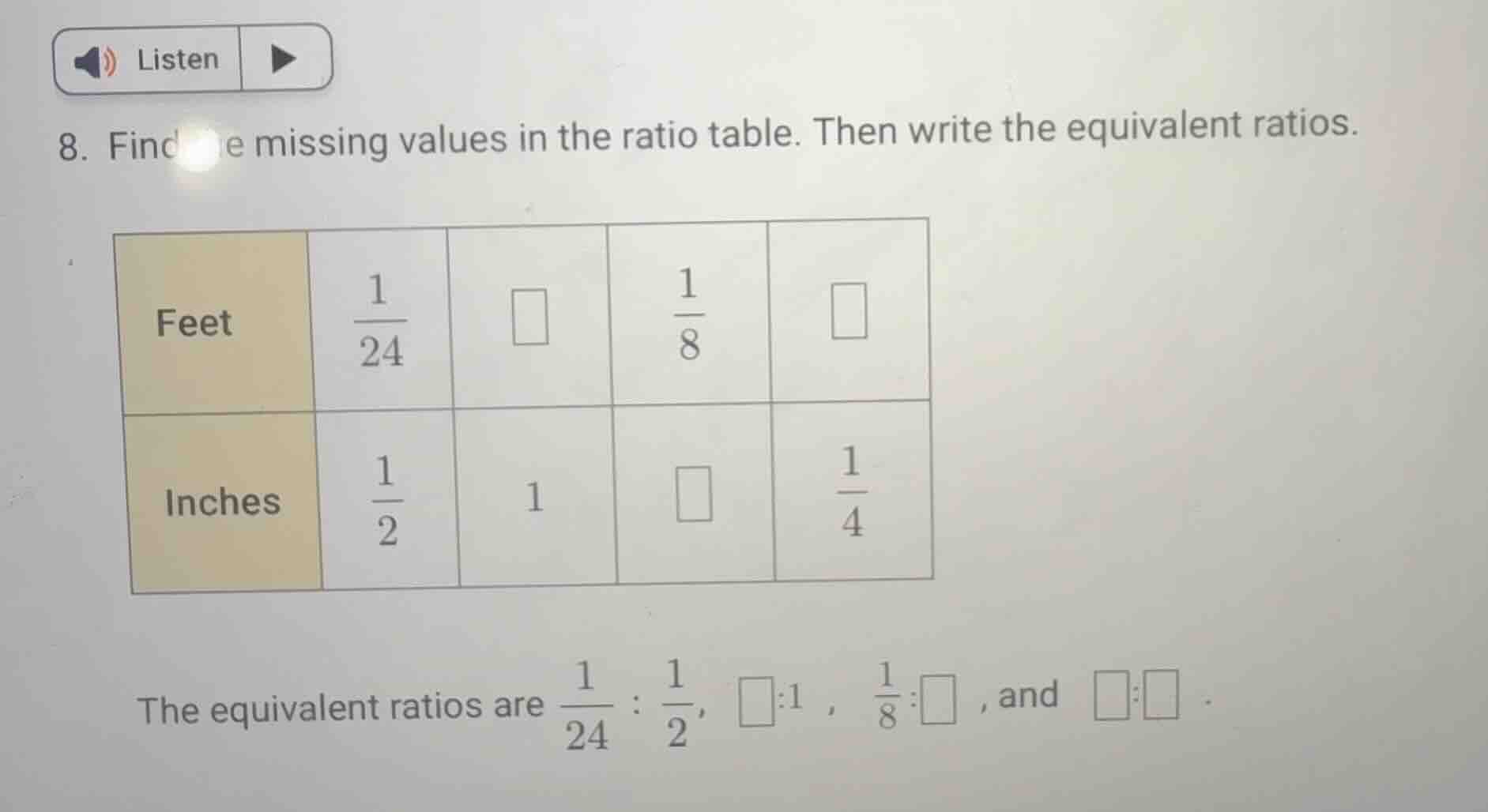 8. find the missing values in the ratio table. then write the equivalen…