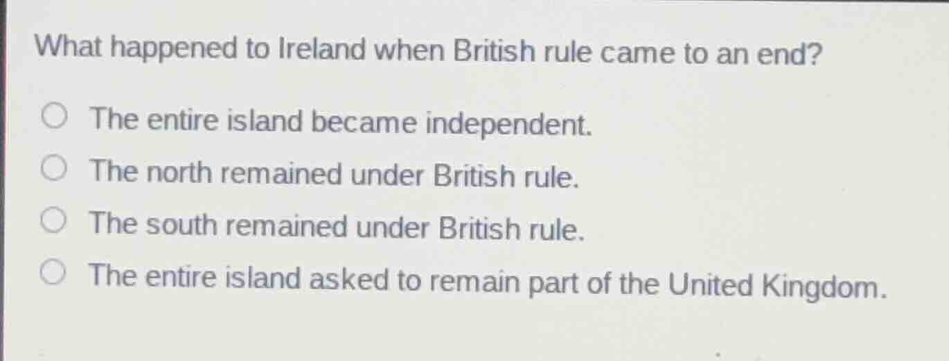 what happened to ireland when british rule came to an end?○ the entire …