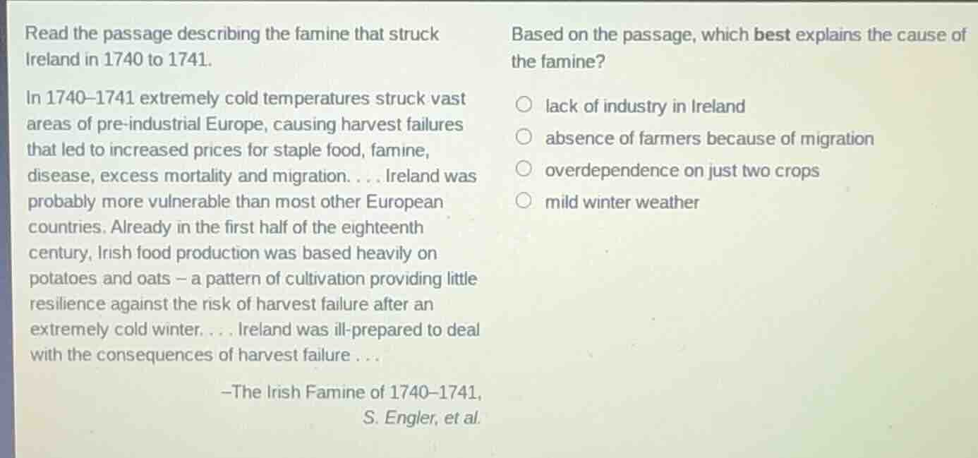 read the passage describing the famine that struck ireland in 1740 to 1…