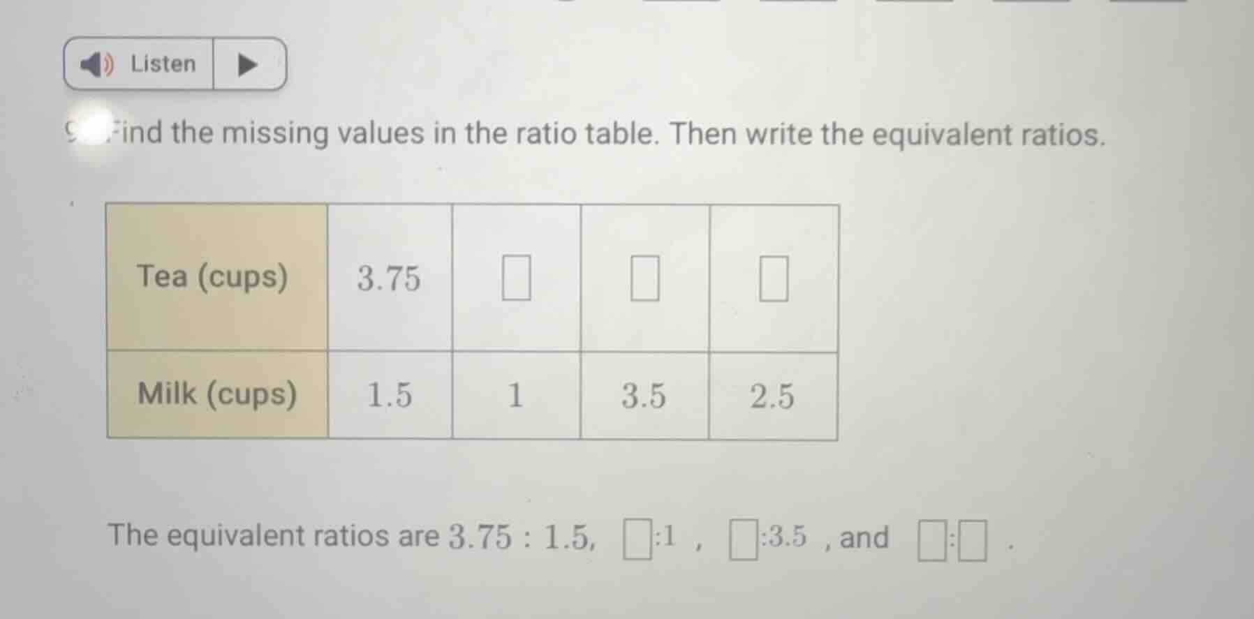 find the missing values in the ratio table. then write the equivalent r…