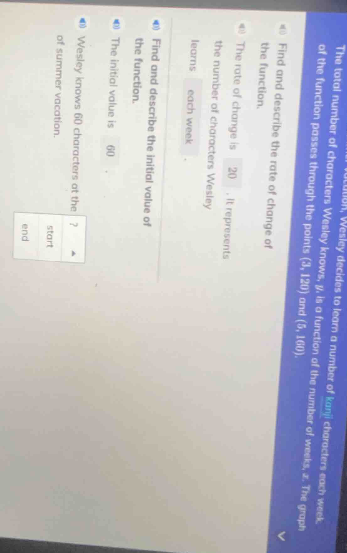 the total number of characters wesley knows, $y$, is a function of the …