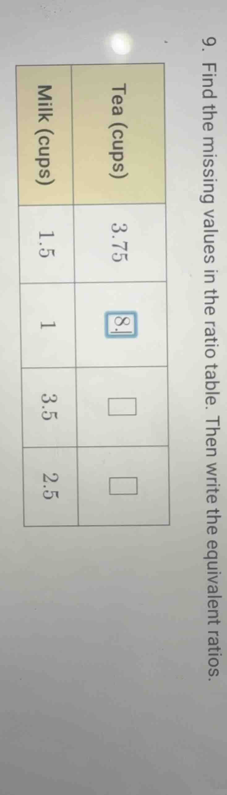 9. find the missing values in the ratio table. then write the equivalen…