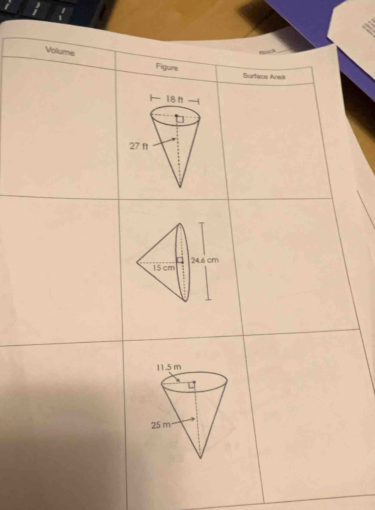 volume figure surface area 1. a cone with a diameter of 18 ft and a hei…