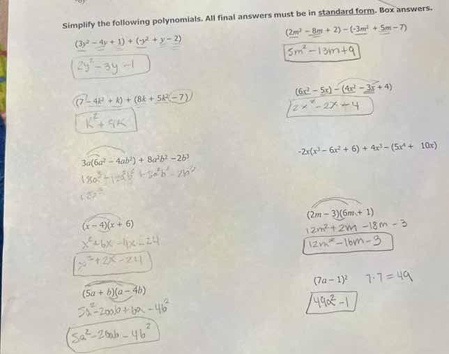 simplify the following polynomials. all final answers must be in standa…
