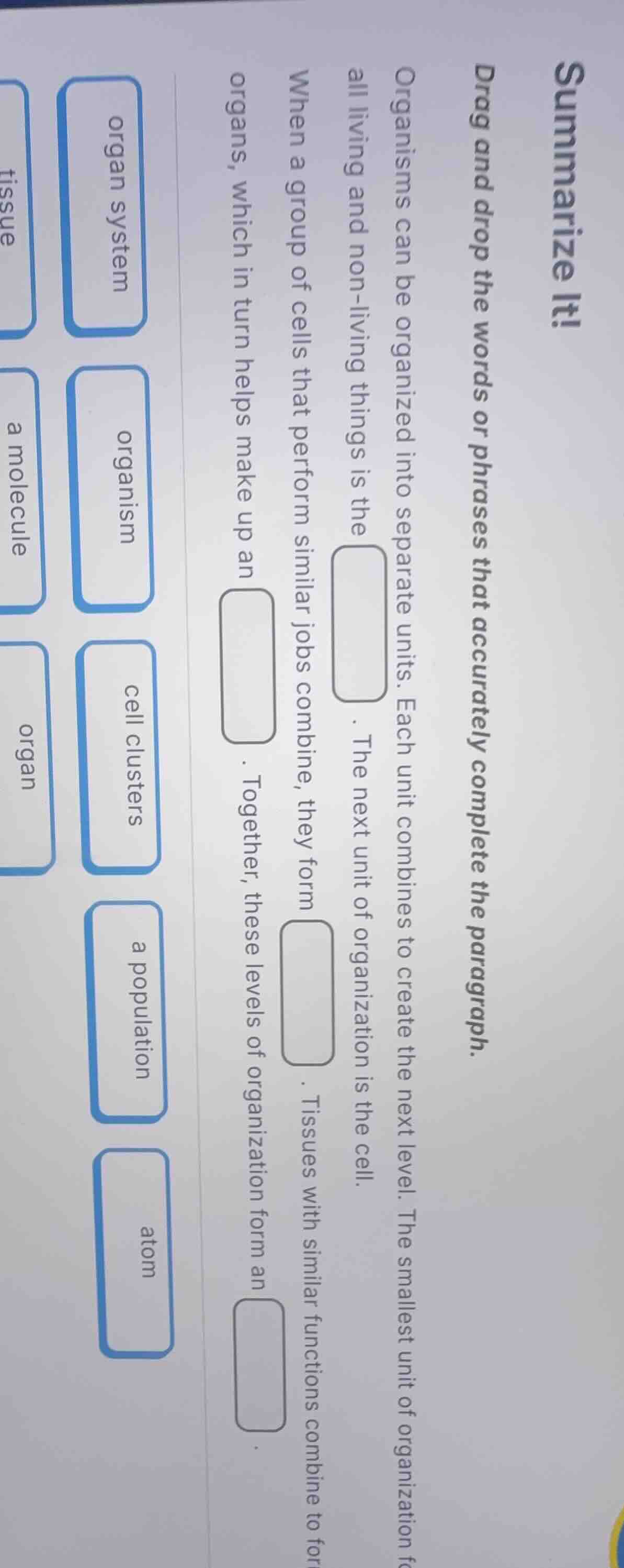 summarize it!drag and drop the words or phrases that accurately complet…