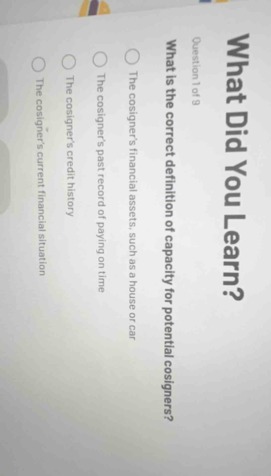 what did you learn? question 1 of 9 what is the correct definition of c…