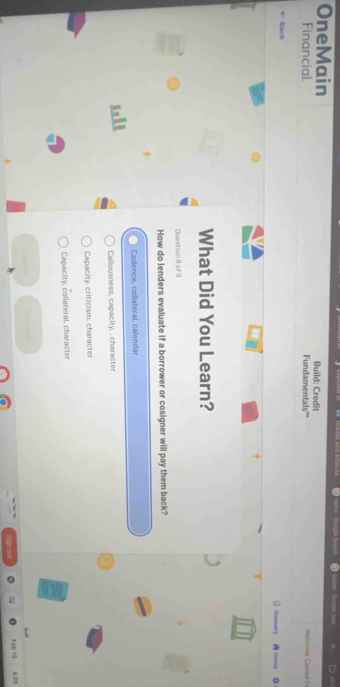 what did you learn? question 8 of 9 how do lenders evaluate if a borrow…