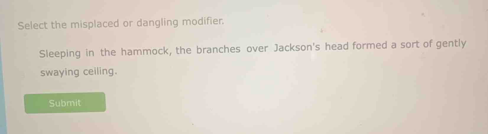 select the misplaced or dangling modifier. sleeping in the hammock, the…