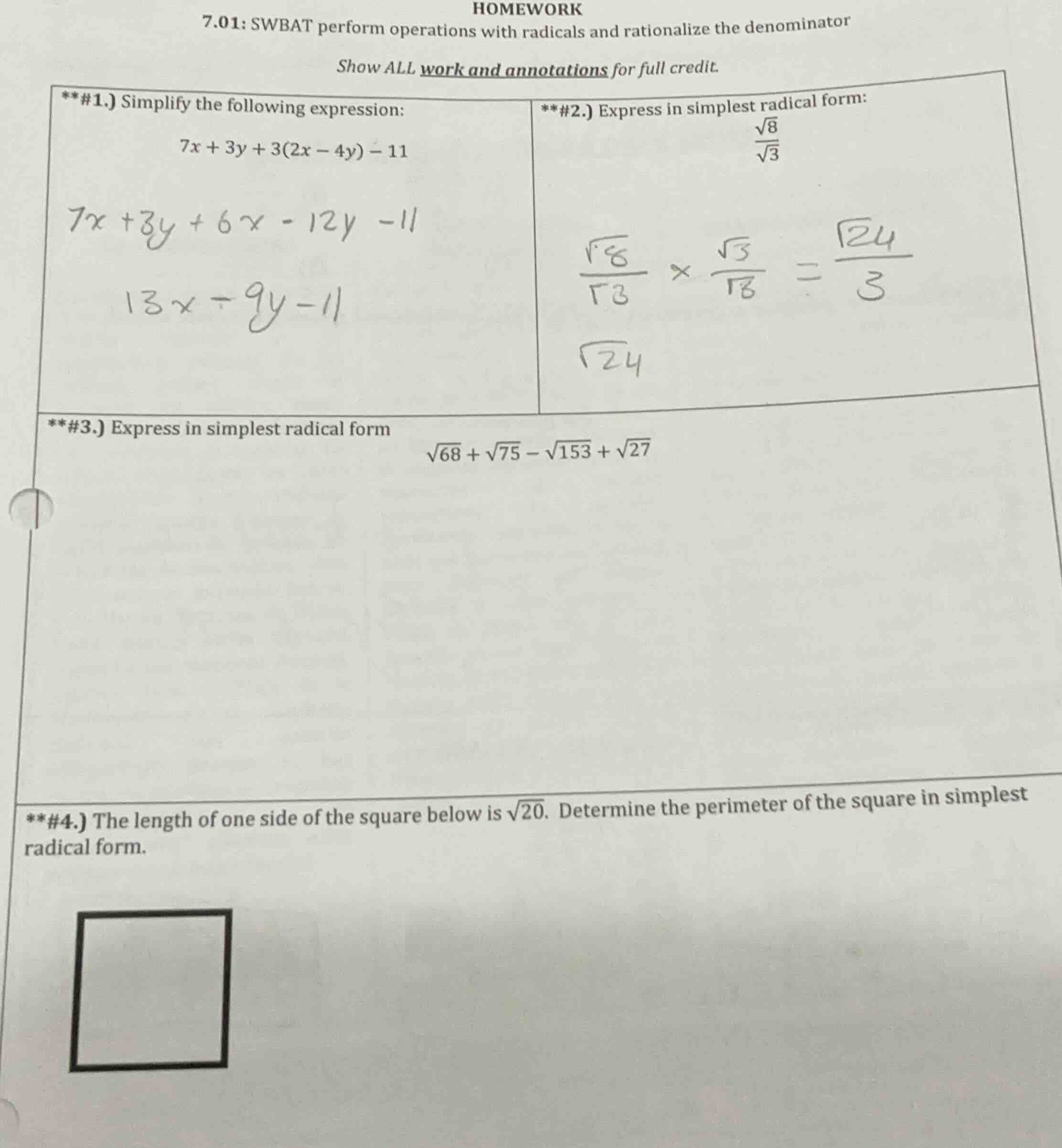 homework 7.01: swbat perform operations with radicals and rationalize t…