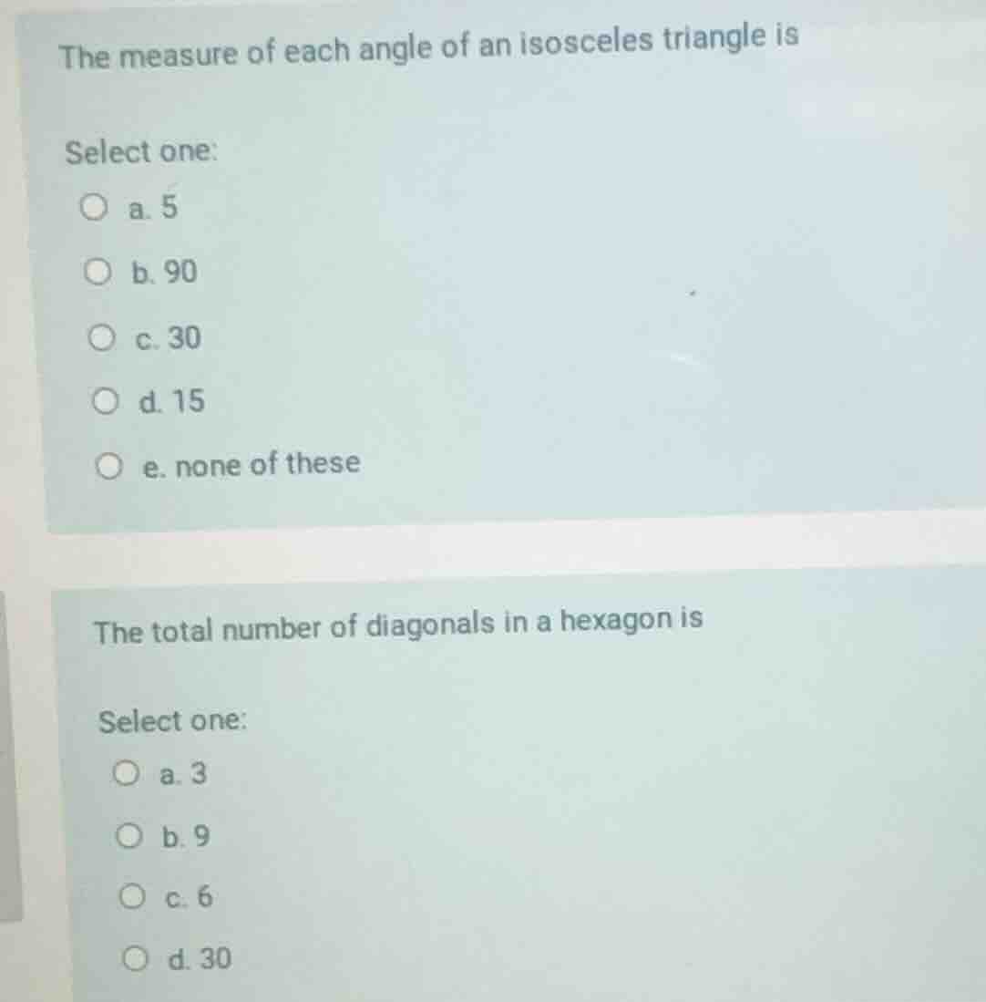 the measure of each angle of an isosceles triangle is select one: a. 5 …