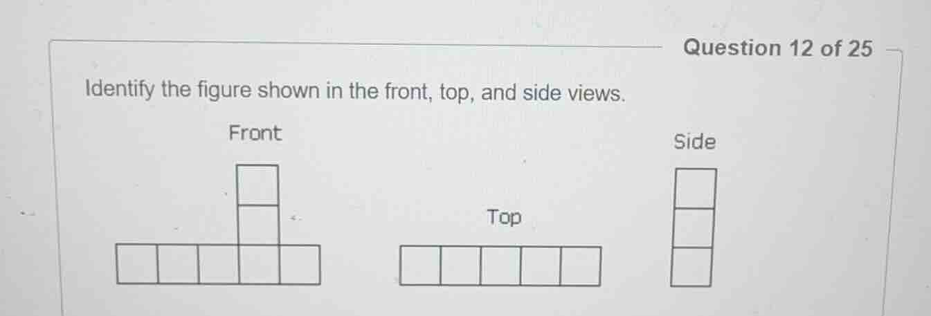 question 12 of 25 identify the figure shown in the front, top, and side…