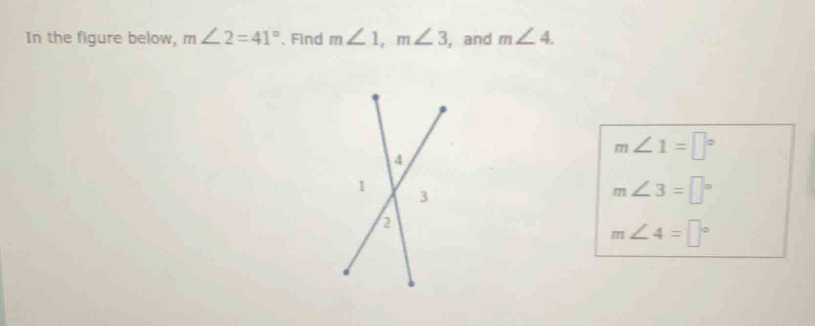 in the figure below, $m\\angle 2=41^{\\circ}$. find $m\\angle 1$, $m\\a…