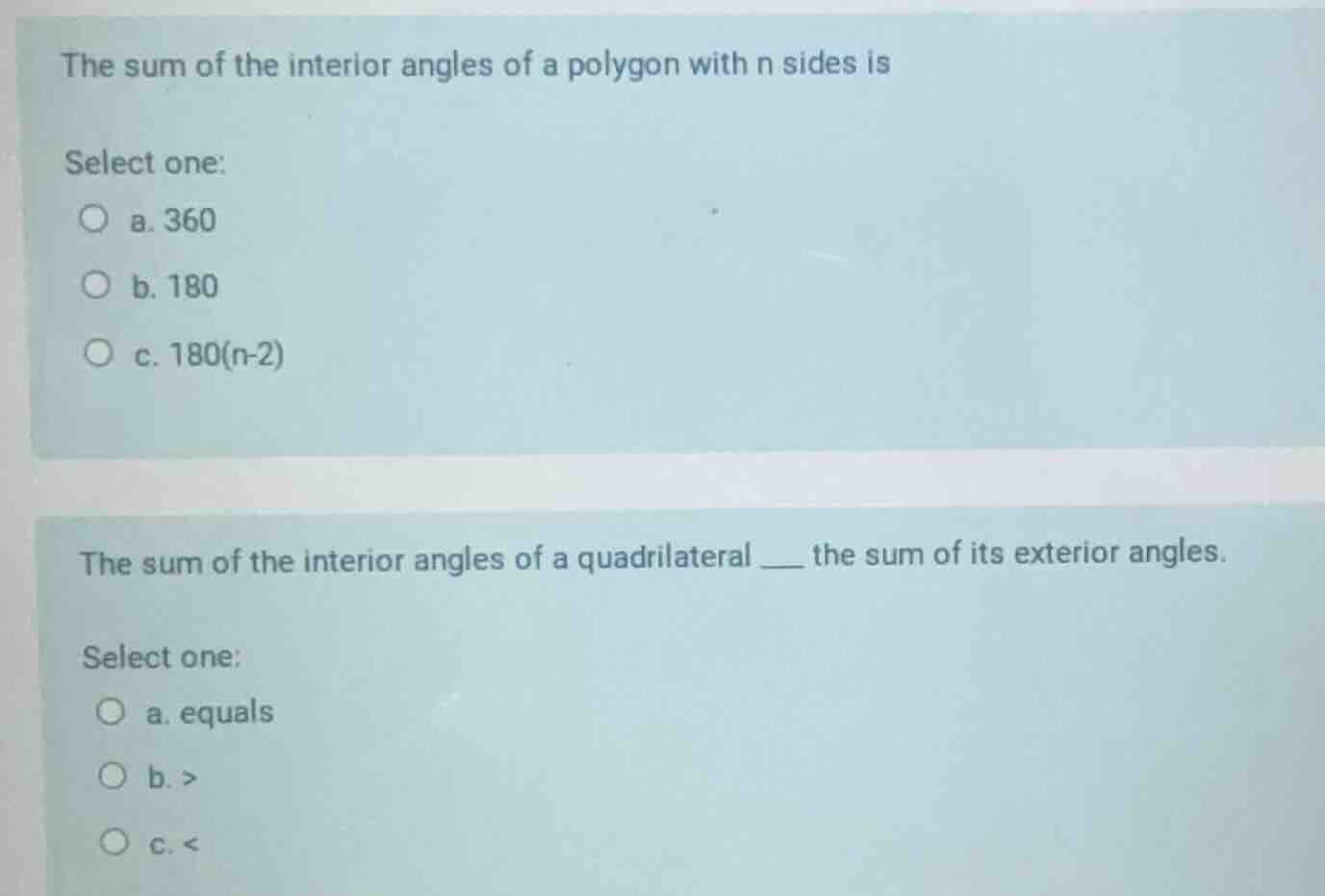 the sum of the interior angles of a polygon with n sides is select one:…