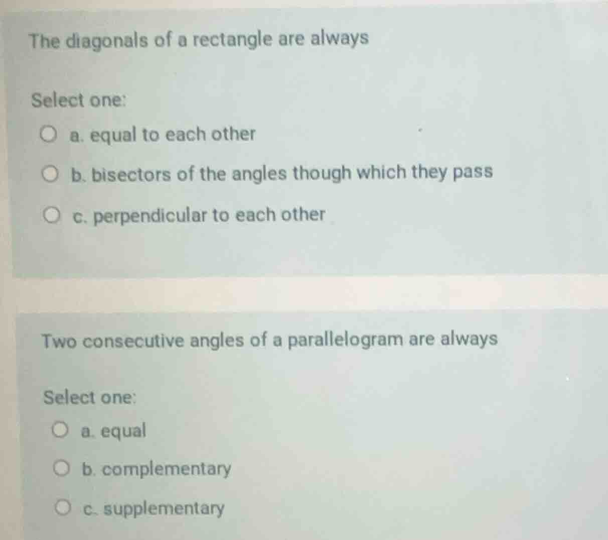 the diagonals of a rectangle are always select one: a. equal to each ot…