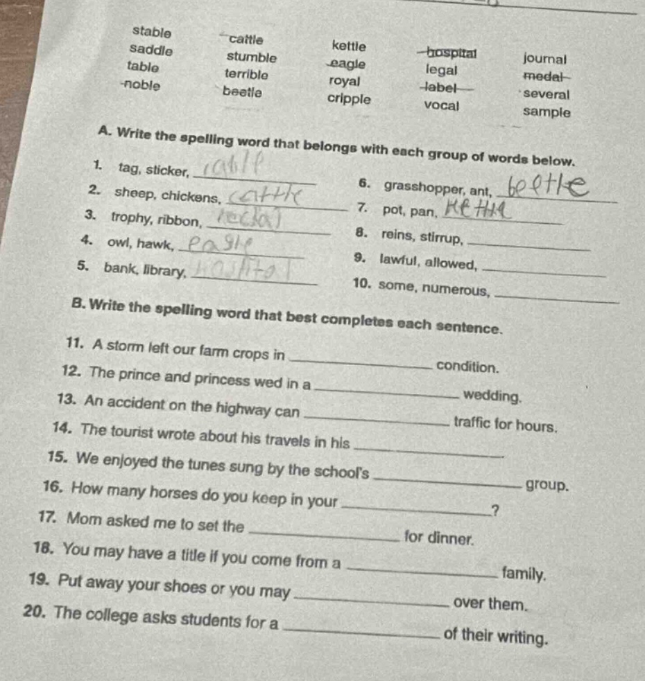 stable saddle table -noble cattle stumble t errible beetle kettle eagle…