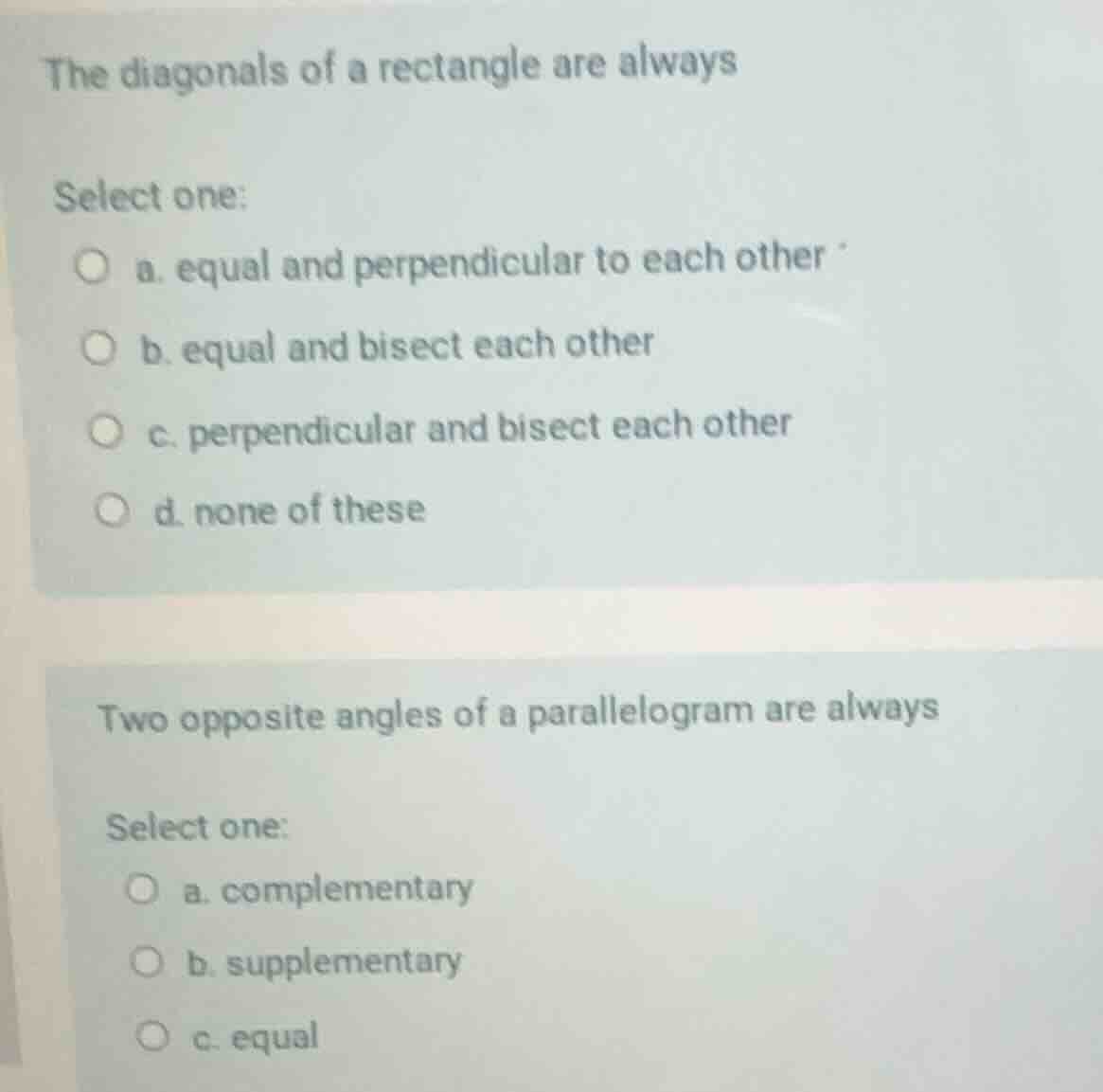 the diagonals of a rectangle are always select one: a. equal and perpen…