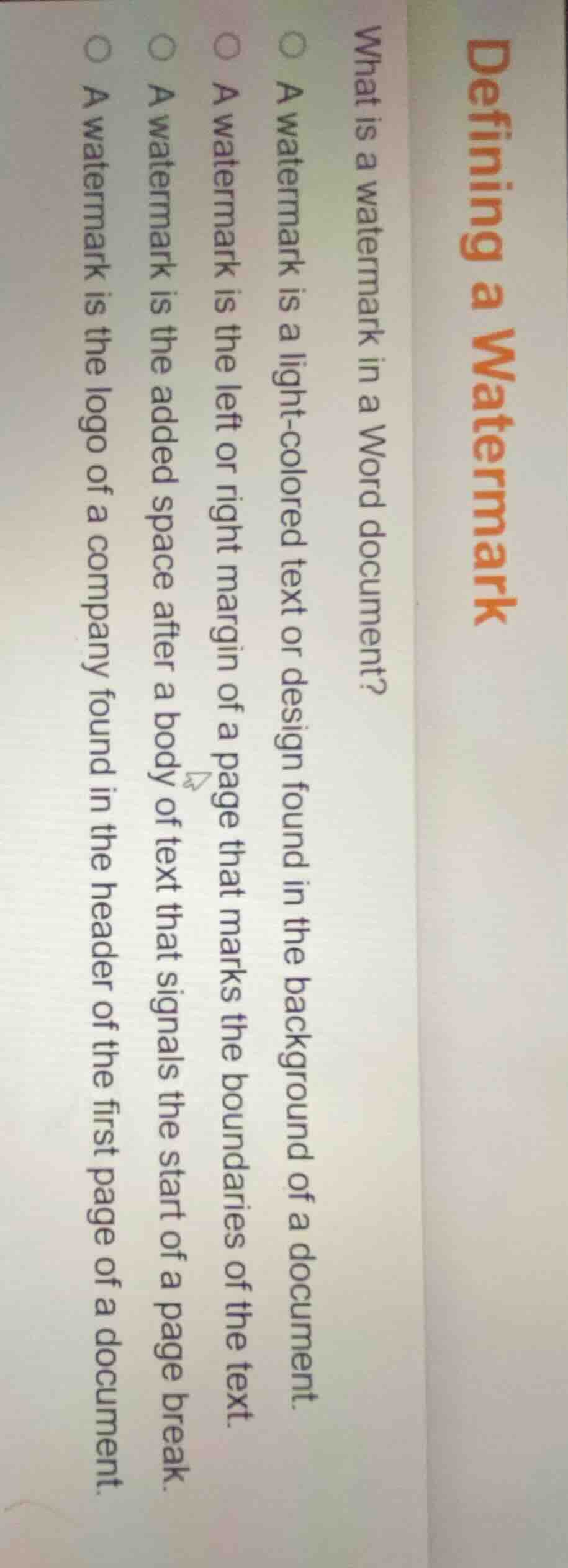 defining a watermark what is a watermark in a word document? ○ a waterm…