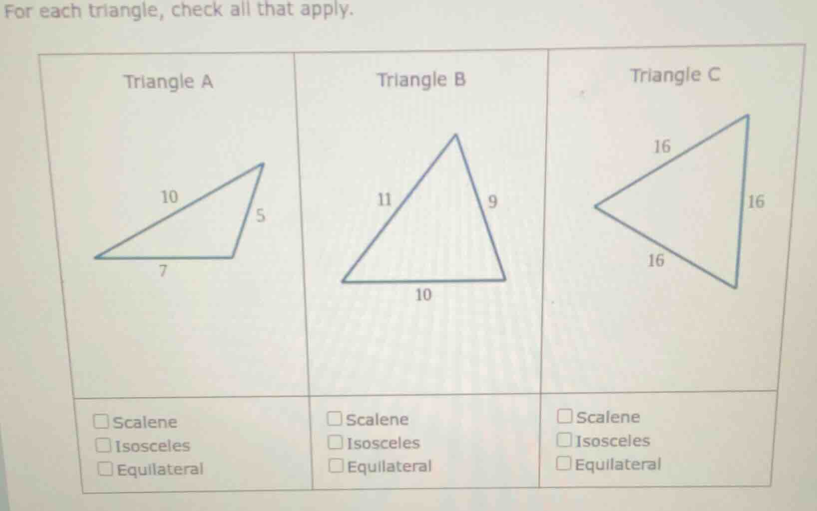 for each triangle, check all that apply. triangle a triangle b triangle…