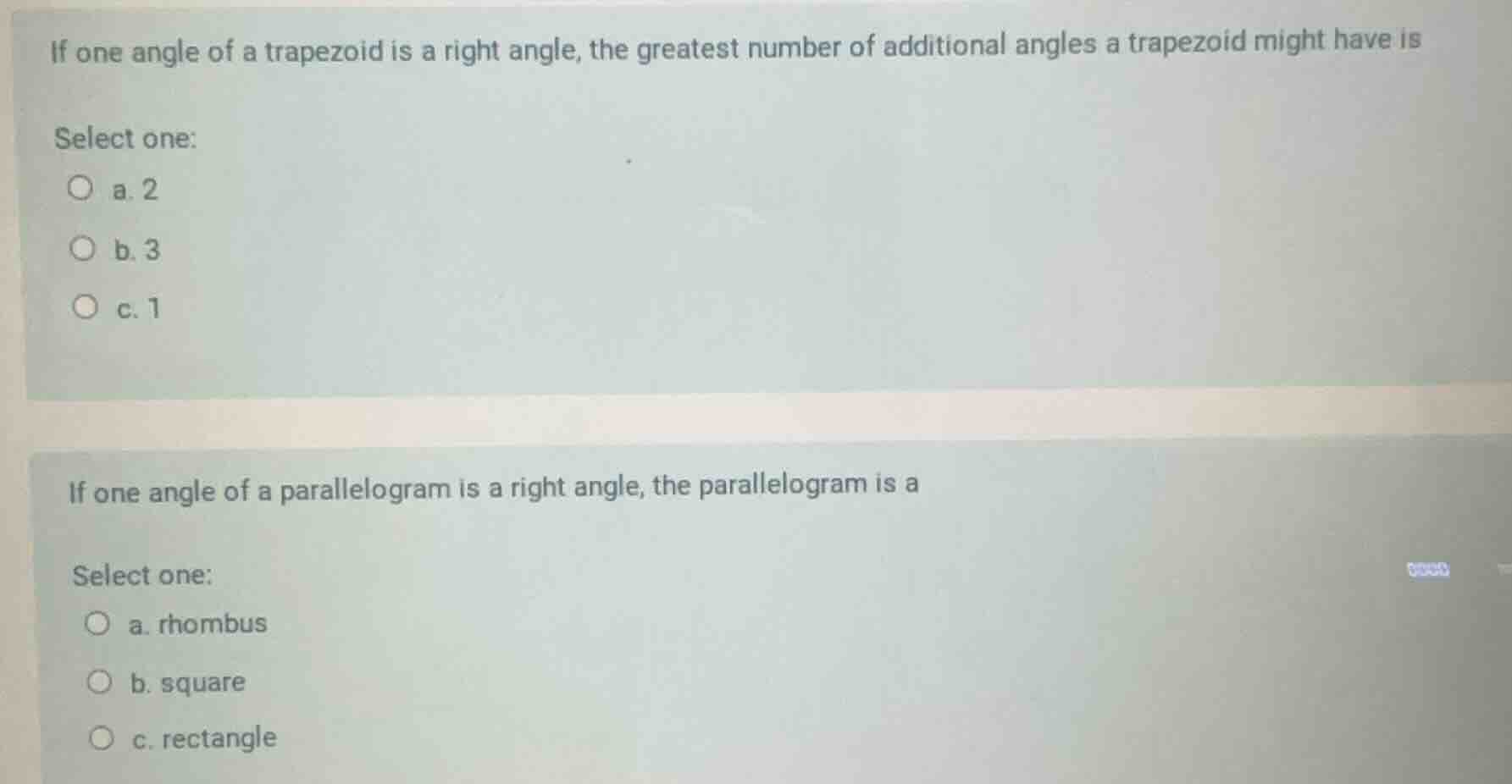 if one angle of a trapezoid is a right angle, the greatest number of ad…