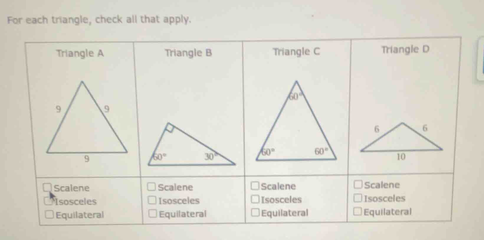 for each triangle, check all that apply. triangle a triangle b triangle…