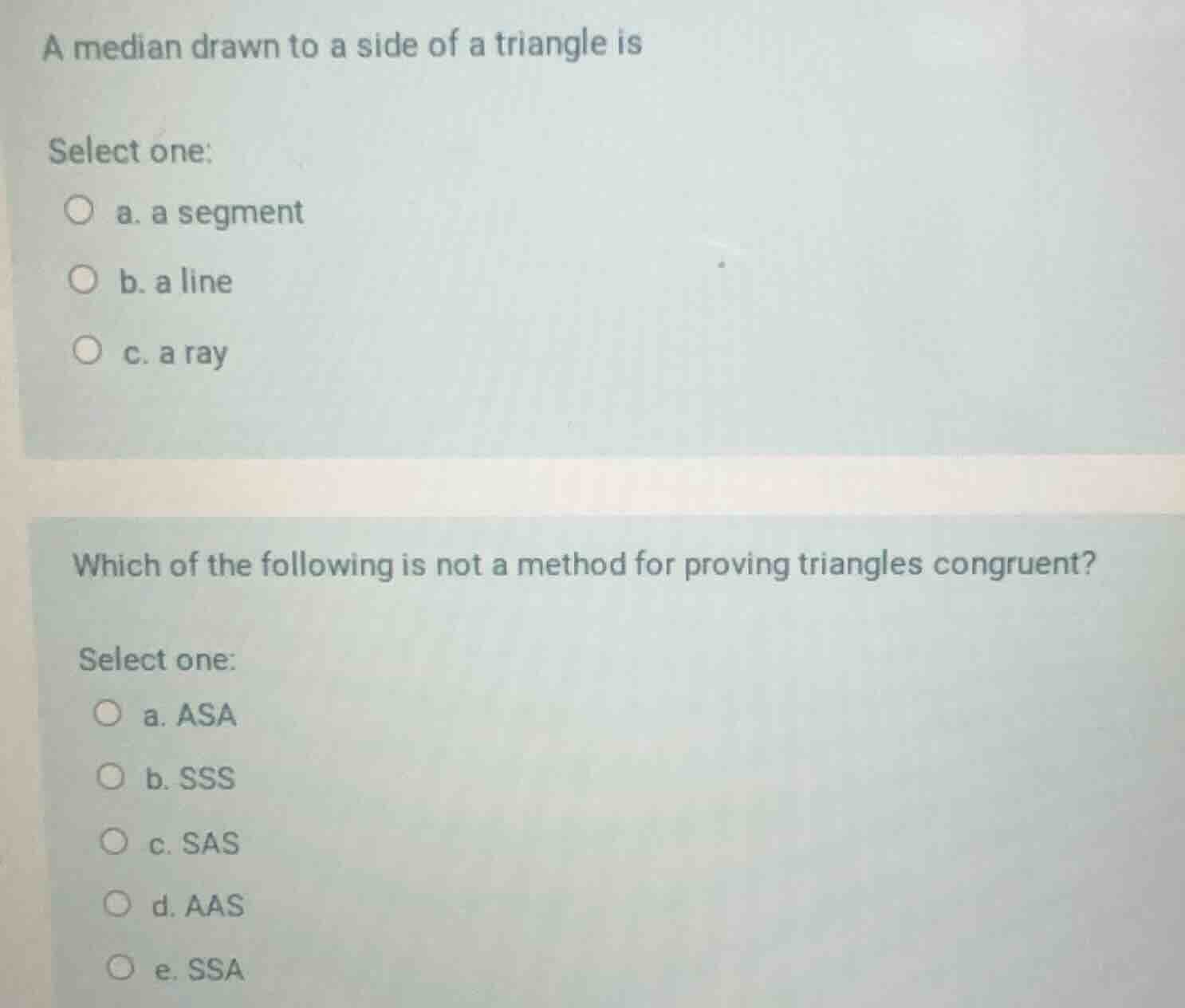 a median drawn to a side of a triangle is select one: a. a segment b. a…