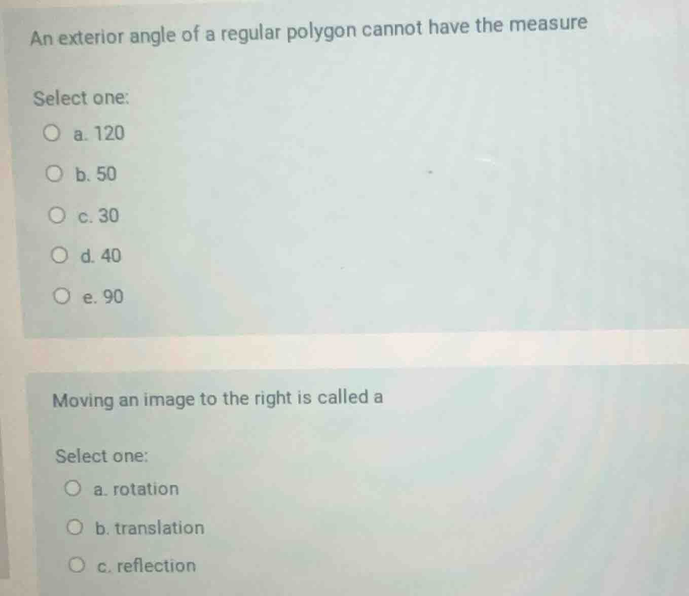 an exterior angle of a regular polygon cannot have the measure select o…