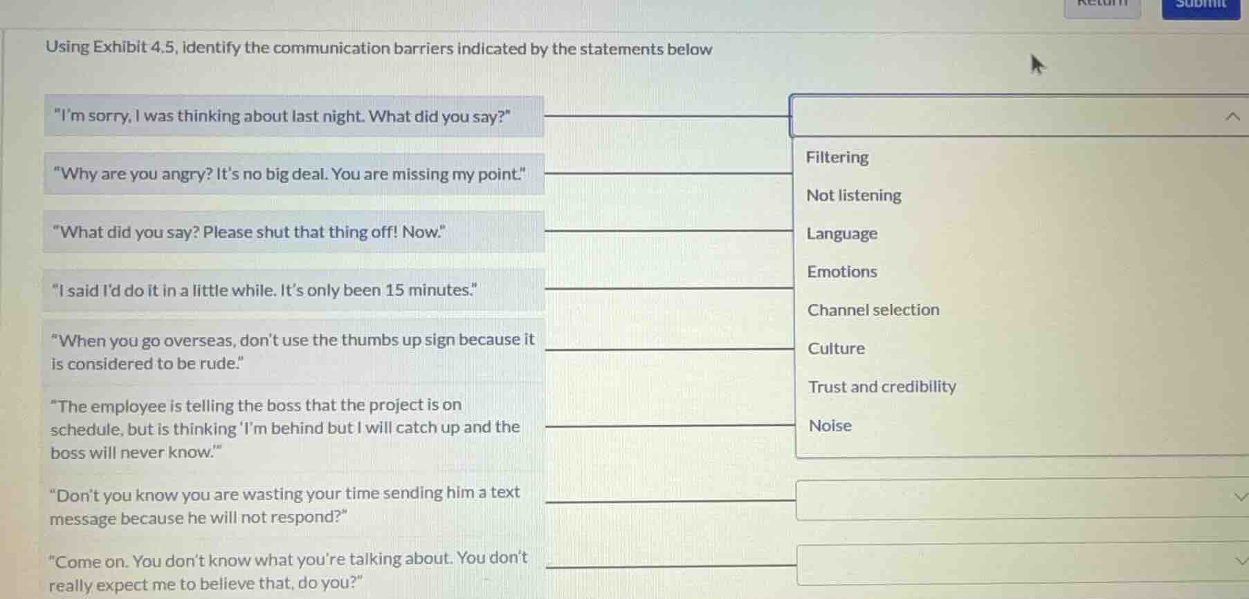 using exhibit 4.5, identify the communication barriers indicated by the…
