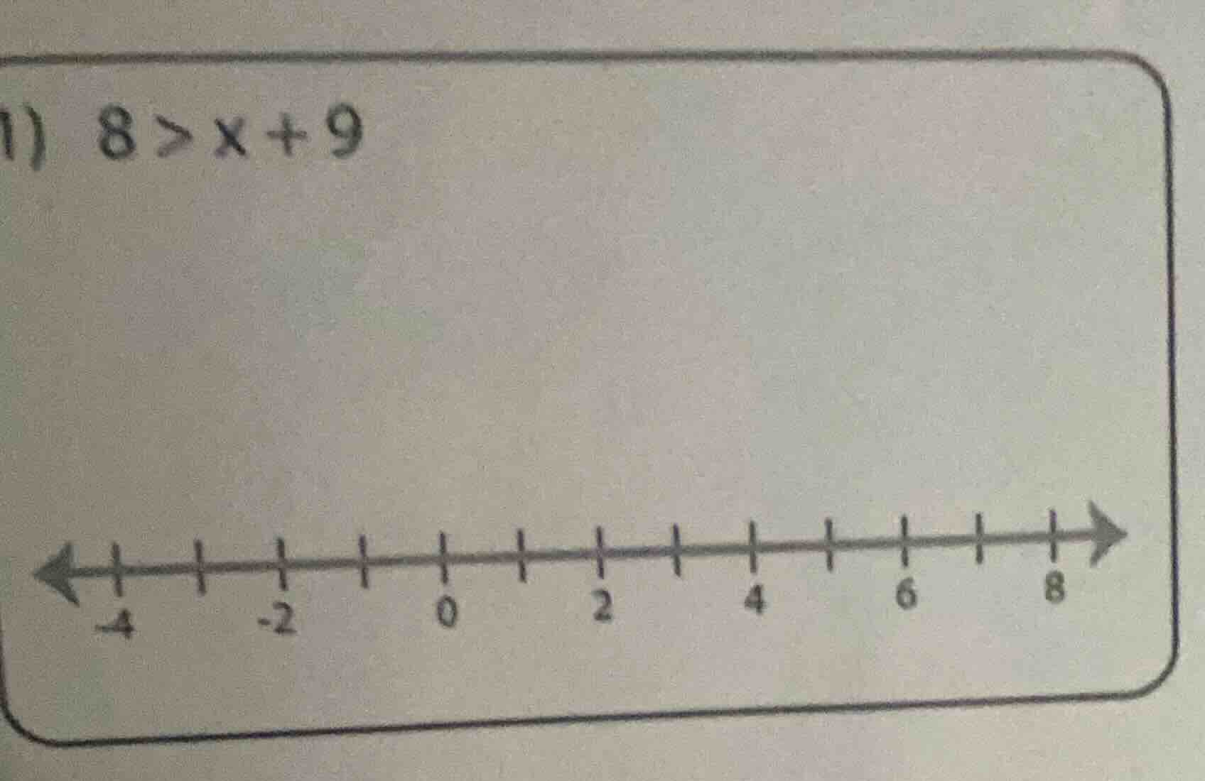 1) $8>x+9$ (there is a number line below, marked with -4, -2, 0, 2, 4, …