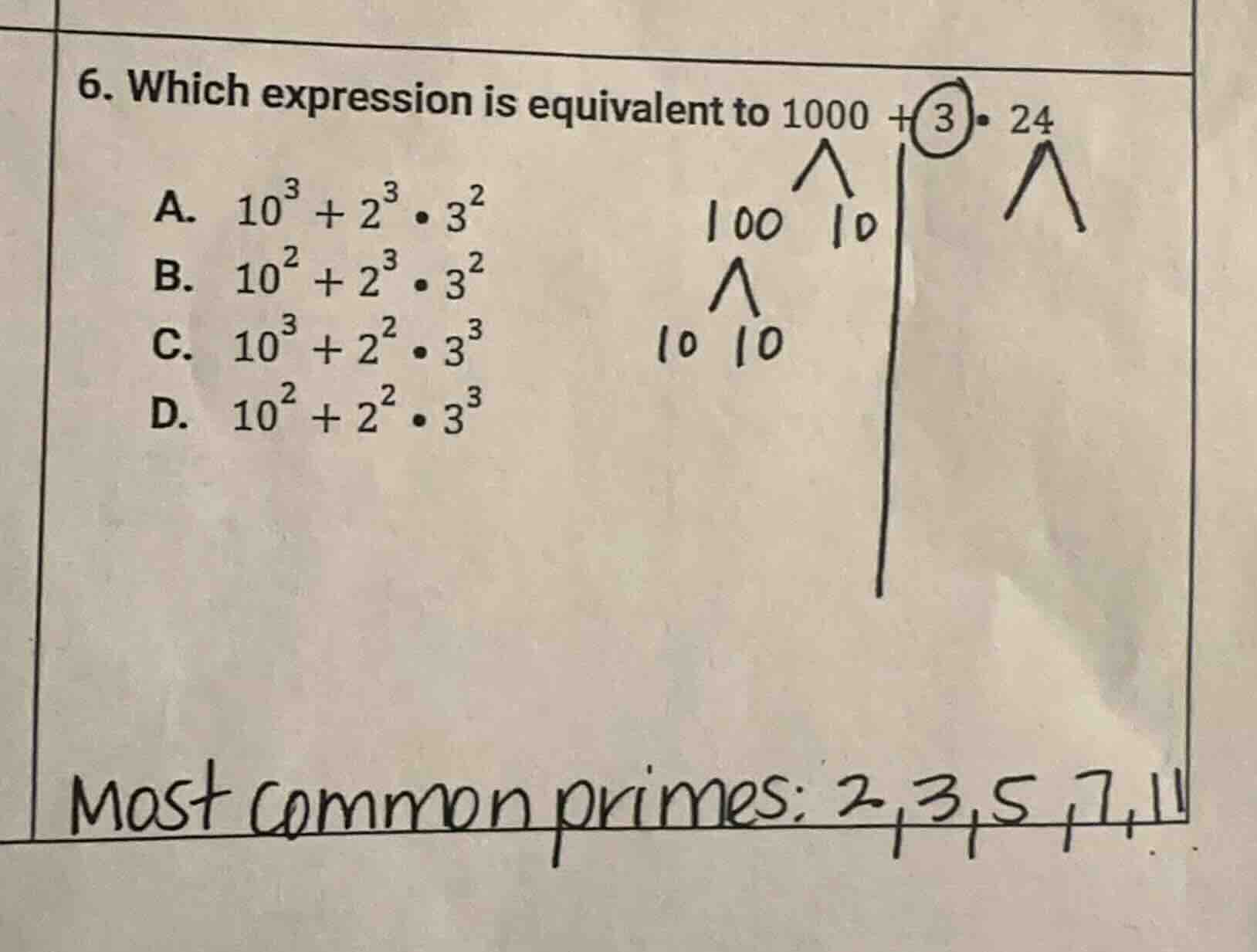 6. which expression is equivalent to $1000 + 3 \\cdot 24$a. $10^{3} + 2…