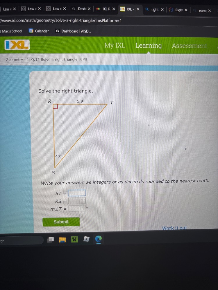 solve the right triangle. write your answers as integers or as decimals…