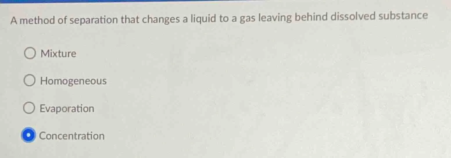 a method of separation that changes a liquid to a gas leaving behind di…