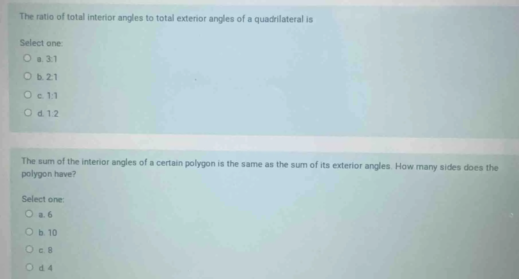 the ratio of total interior angles to total exterior angles of a quadri…