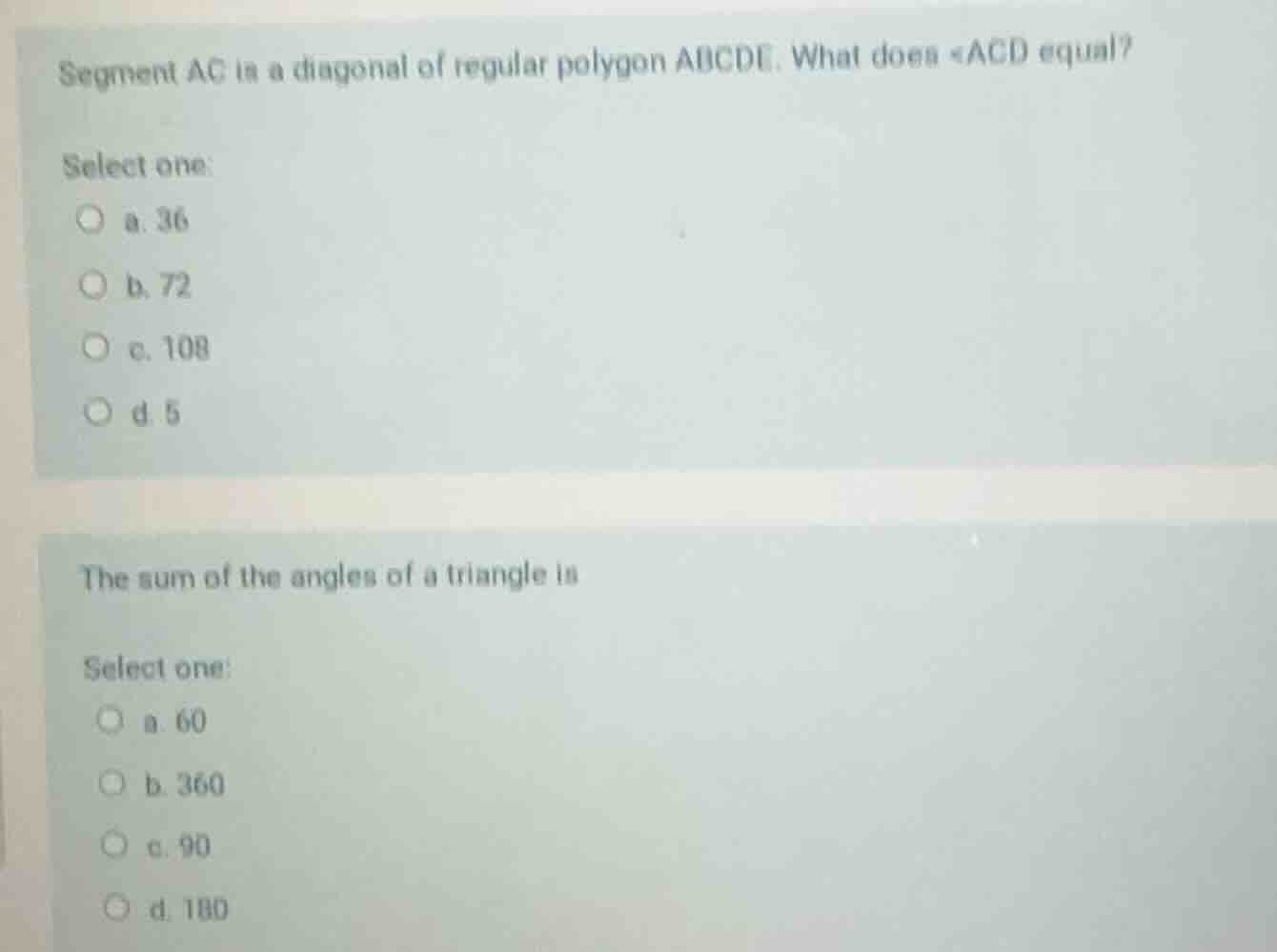 segment ac is a diagonal of regular polygon abcde. what does ∠acd equal…