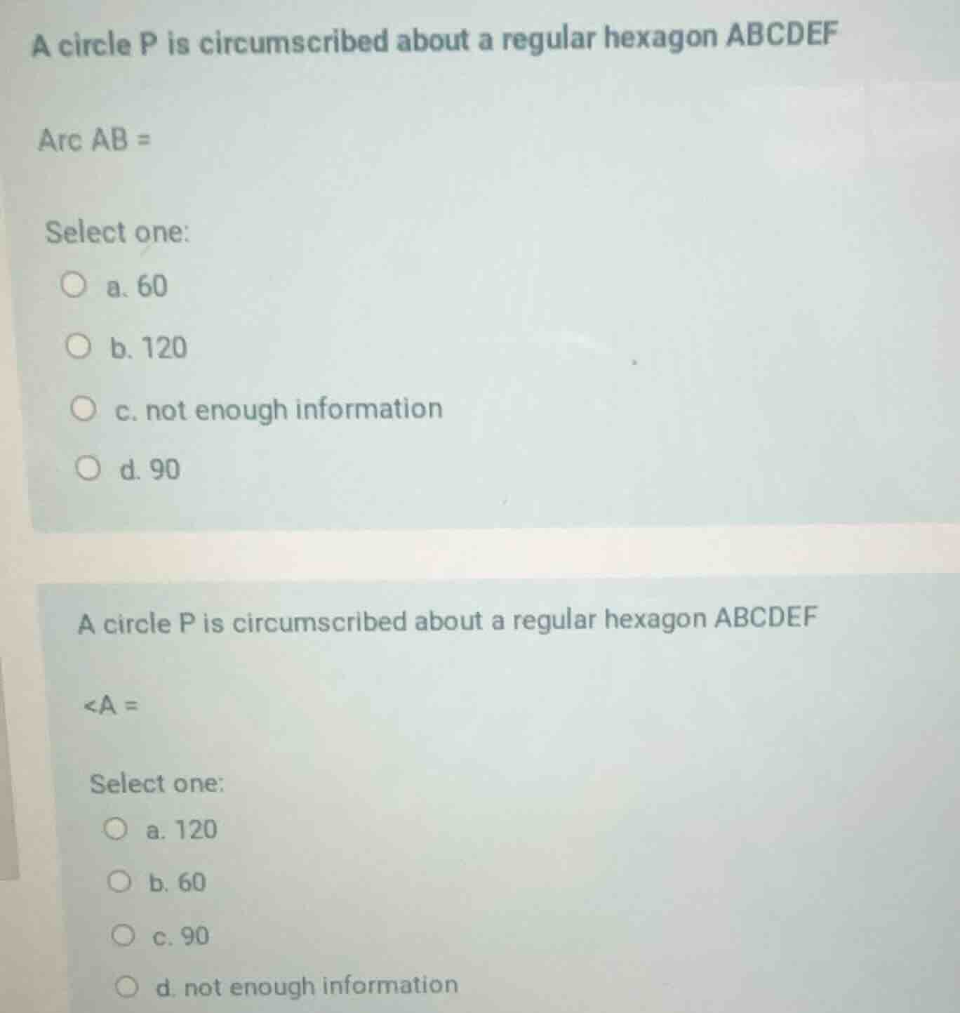 a circle p is circumscribed about a regular hexagon abcdef arc ab = sel…