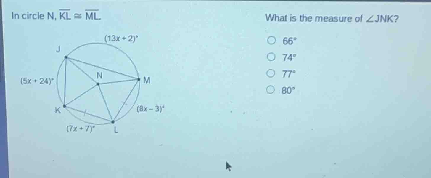 in circle n, $overline{kl} cong overline{ml}$. what is the measure of $…