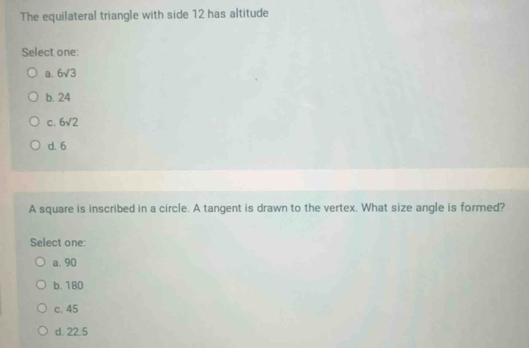 the equilateral triangle with side 12 has altitude select one: a. $6\\s…