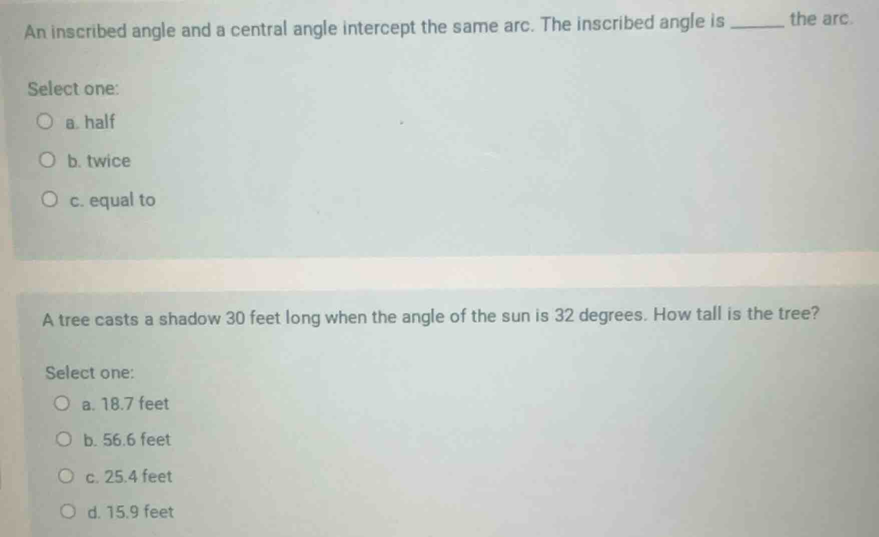 an inscribed angle and a central angle intercept the same arc. the insc…