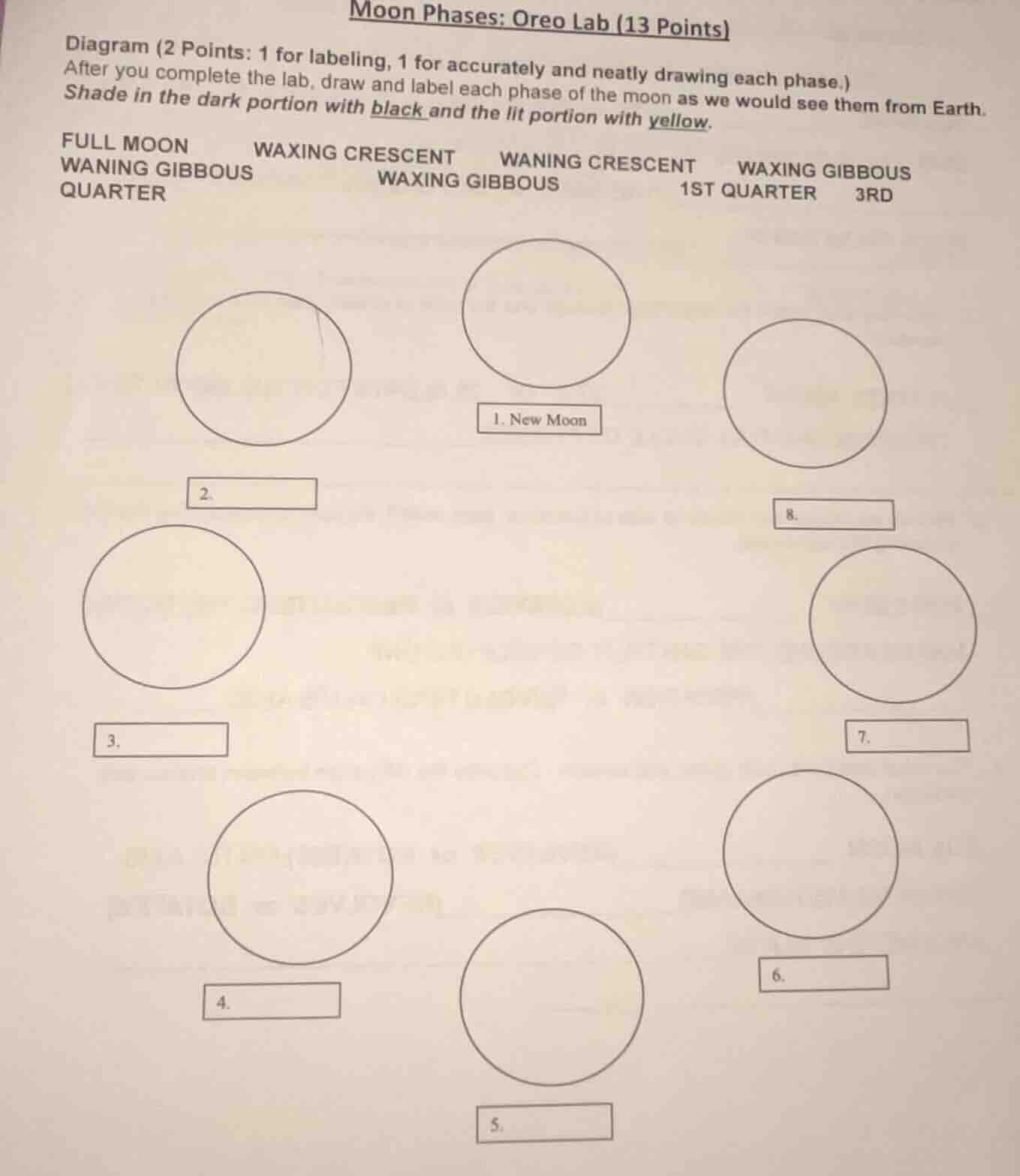 moon phases: oreo lab (13 points)diagram (2 points: 1 for labeling, 1 f…