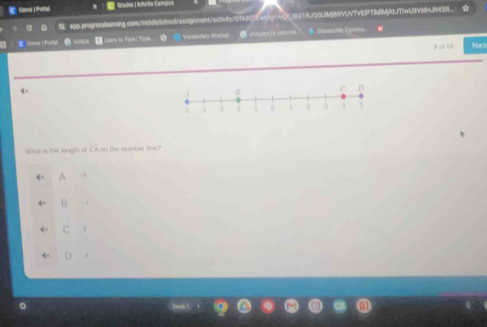 what is the length of $overline{ca}$ on the number line? a -5 b -1 c 4 …