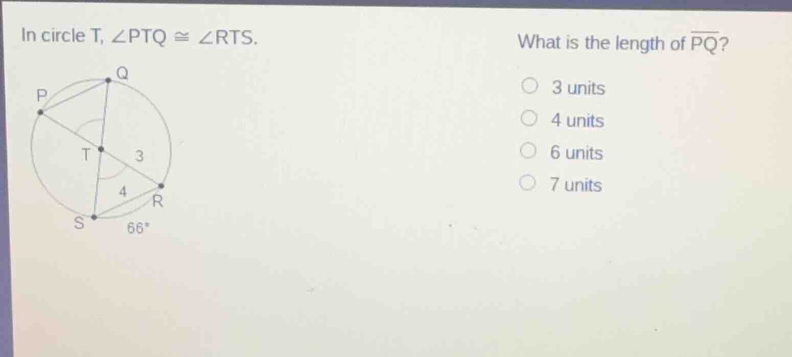 in circle t, $angle ptq cong angle rts$. what is the length of $overlin…